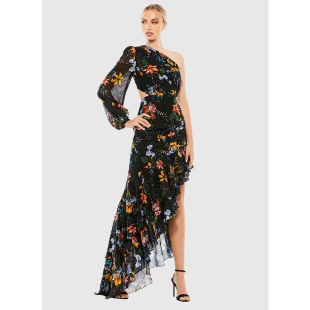 Mac Duggal NWT size 2 Black Floral One Sleeve Cut Out Dress style 55668